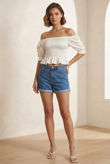 White Shirred Satin Bardot Top