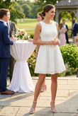 White Floral Textured Back Zip Up Flared Dress 