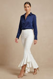 Fitted Crepe Draped Frill Hem Trouser In White