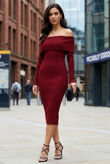Wine Bardot Fold Over Midi Dress