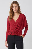 Wine Ribbed O Ring Shawl Overlap Blouse