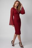 Wine Lace Up Front Chiffon Sleeve Evening Dress