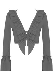 Ruffle Crepe Crop Top With Lace Up Front In Grey