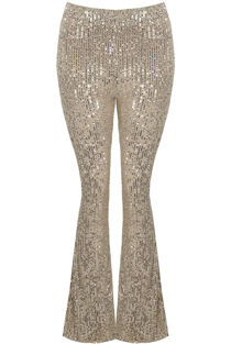 Beige Sequin High Waist Flare Trousers