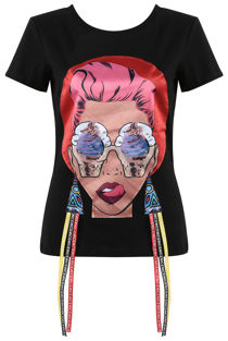 Black Lady Sequin & Pearls Trim Tee