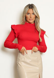 Red Button Trim Frill Sleeve Ribbed Jumper