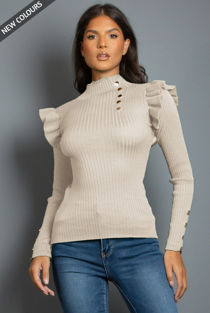 Beige Button Trim Frill Sleeve Ribbed Jumper