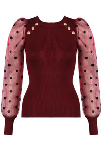 Burgundy Polka Dots Mesh Sleeves Ribbed Jumper