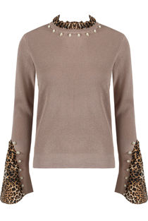 Taupe Pearl With Animal Print Ribbed Jumper