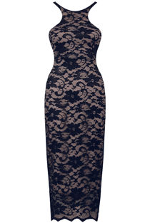 Navy Floral Lace & Nude Muscle Back Midi Dress