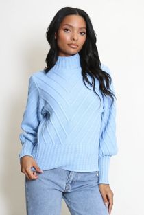 Blue High Neck Wool Blend Jumper