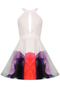 White Floral Print Cut Out Flared Dress