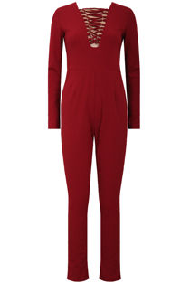 Wine Front Lace Tie Up Jumpsuit