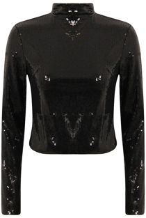 Black Sequin Turtle Neck Cropped Zip Top