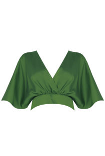 Green Satin Cross Over Back Tie Up Tops