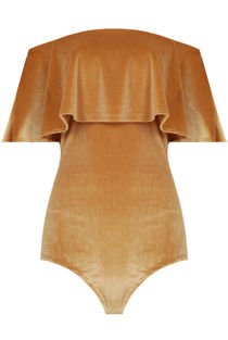 Mustard Velvet Textured Off Shoulder Frill Bodysuit