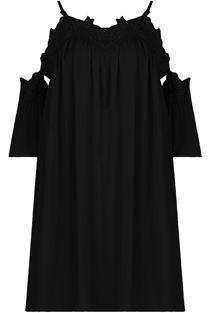 Black Embroidery Textured Cut Out Shoulder Day Dress 