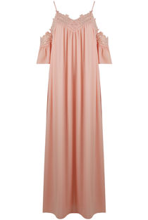 Pink Cold Shoulder Lace Trim Maxi Dress