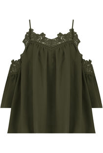 Khaki Embroidery Textured Cut Out Shoulder Tops
