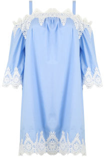 Blue Off Shoulder Embroidered Shift Dress