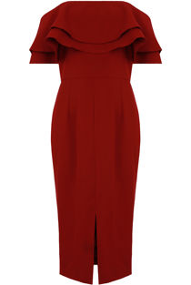 Off The Shoulder Double Frill Midi Dress In Wine