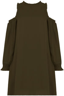 Khaki Cold Shoulder Back Button Up Shift Dress