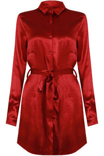 Wine Satin Long Sleeve Shirt Dress 