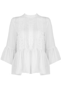 White Crochet Embroidery Bell Sleeve Tops