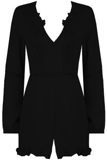 V-Neck Chiffon Playsuit With Crochet Detail In Black