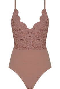 Scallop Edge Crochet Bodysuit In Pink