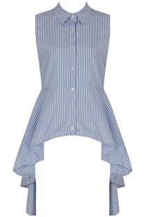 Blue Striped Front Button Up Asymmetric Top.