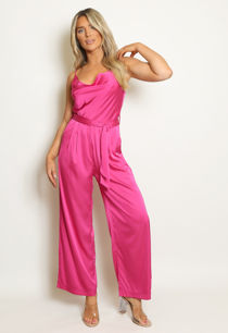 Fuchsia Satin Cowl Neck Belted Jumpsuit