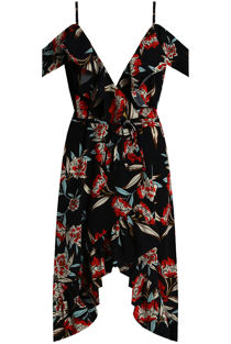 Navy Floral Cross Over Ruffled Asymmetric Dress