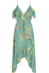 Green Contrast Floral Cross Over Wrap Dress