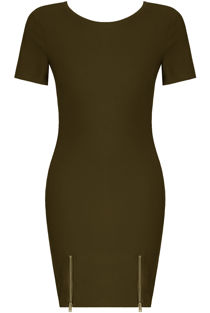 Khaki Front Hem Zipped Bodycon Dress