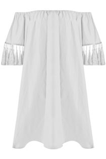 White Elasticated Off Shoulder Fringed Shift Dress