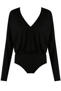 Plunge Neck Ruched Bodysuit in Black