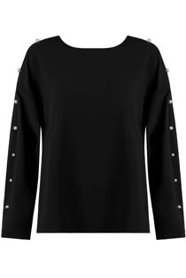 Black Pearls Trim Long Sleeve Tops