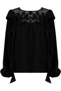 Frill Trim Blouse with Crochet Shoulders in Black