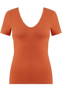Rust Ribbed Deep Neck Tops 
