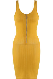 Yellow Ribbed Zipper Midi Dress 