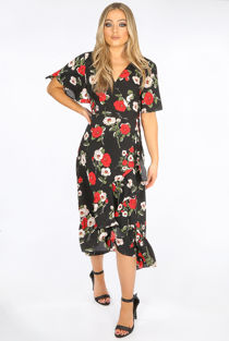Black Floral Wrap Midi Dress
