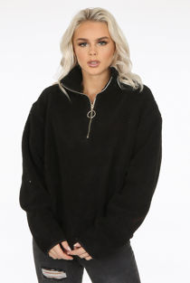 Black Front Zip Up High Neck Fur Jumper