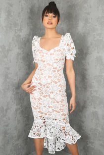 White Crochet Fish Tail Midi Dress