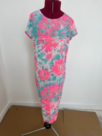 Pink and Blue  Abstract Multi  Print Cap Sleeve Midi Dress