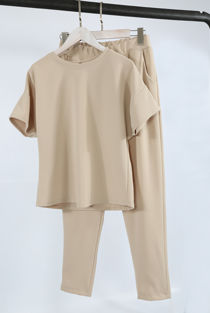 Beige Short Sleeves Round Neck Loungewear Set