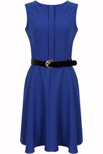 Blue Front Ruched Belted Skater Dress