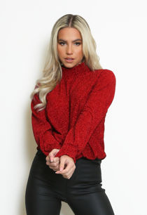 Red Lurex Gather Neck Blouse