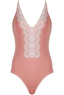 Cream Lace Border Plunge Neck Swimsuits In Rose