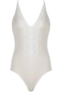 Cream Lace Border Plunge Neck Swimsuits In Cream